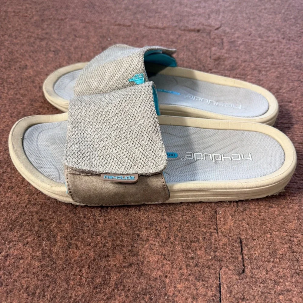 gently used Hey Dude Milo Dry Step Mesh Slides Mens Tan Teal Sandals Size 10